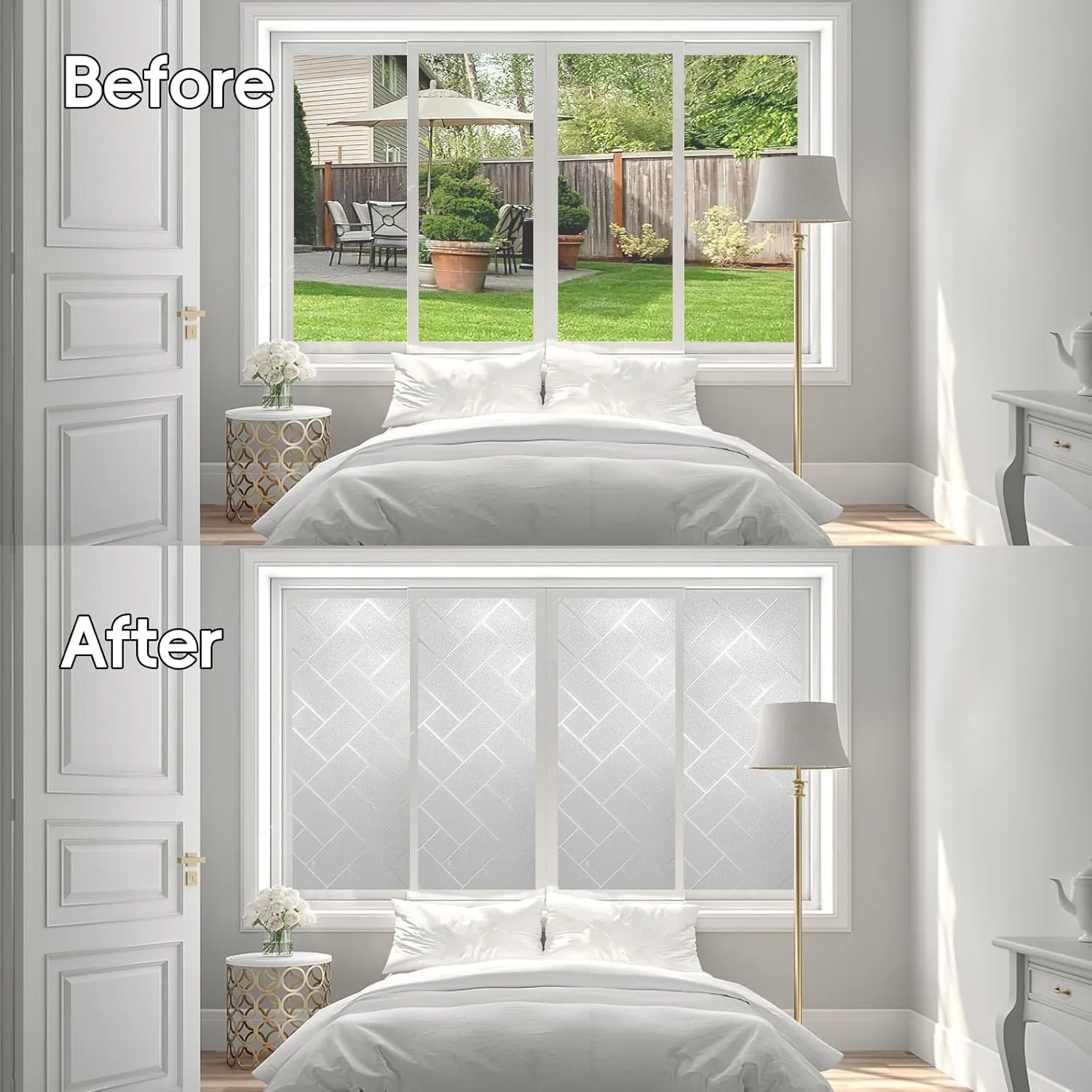 Window Privacy Film Frosted Glass Window Film Sun Blocking Window Tinting Film for Home, Static Clings Removable Frosting Bathroom Door Window Covering, 23.6 inch x 157.4 inch, White-grid