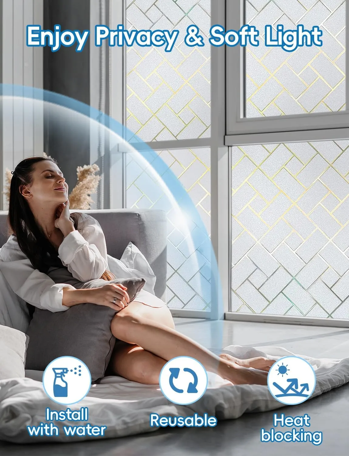 Window Privacy Film Frosted Glass Window Film Sun Blocking Window Tinting Film for Home, Static Clings Removable Frosting Bathroom Door Window Covering, 23.6 inch x 157.4 inch, White-grid