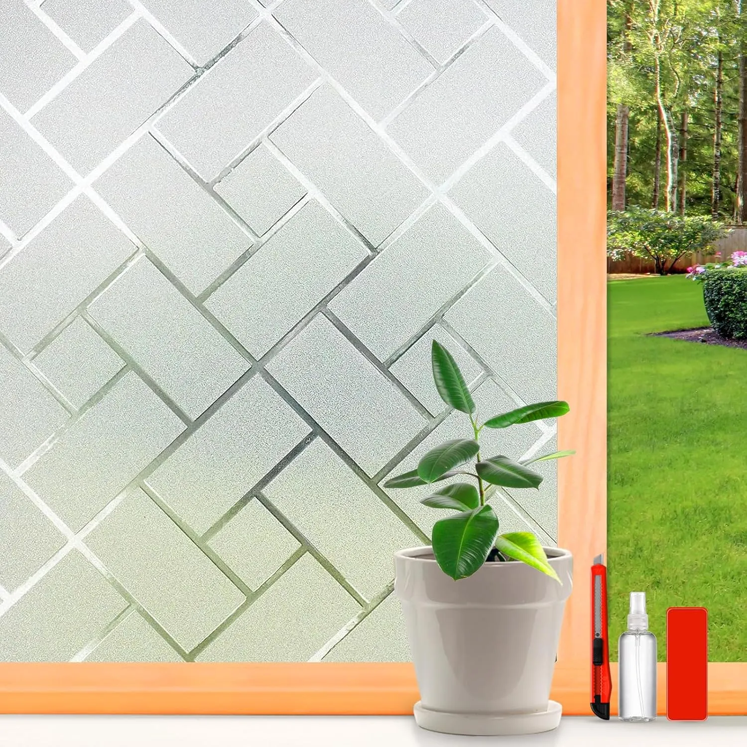 Window Privacy Film Frosted Glass Window Film Sun Blocking Window Tinting Film for Home, Static Clings Removable Frosting Bathroom Door Window Covering, 23.6 inch x 157.4 inch, White-grid
