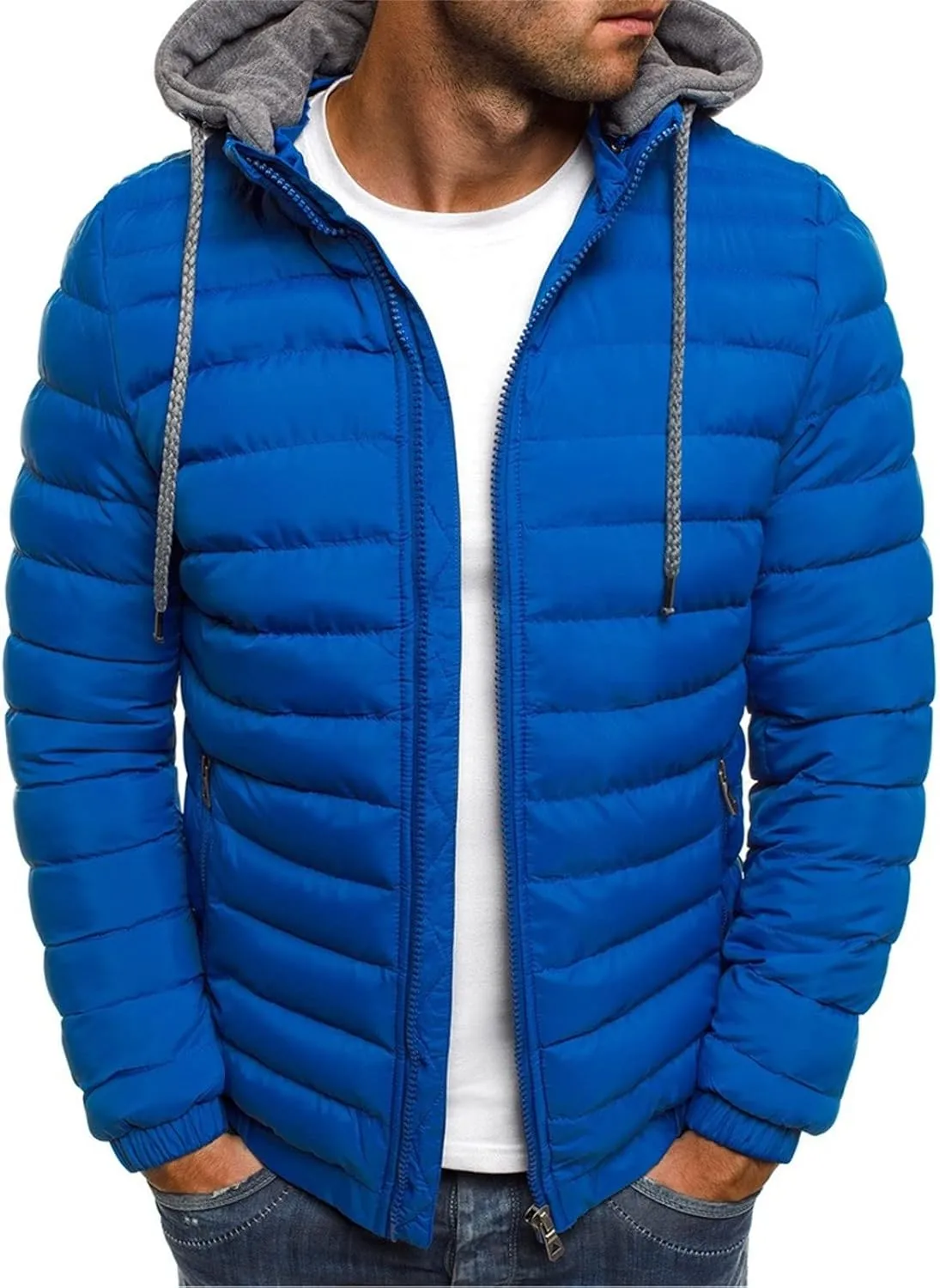 Winter Puffer Jacket for Men Windproof Lightweight Full Zip Hooded Puffy Jackets Quilted Thicken Insulated Down Coats