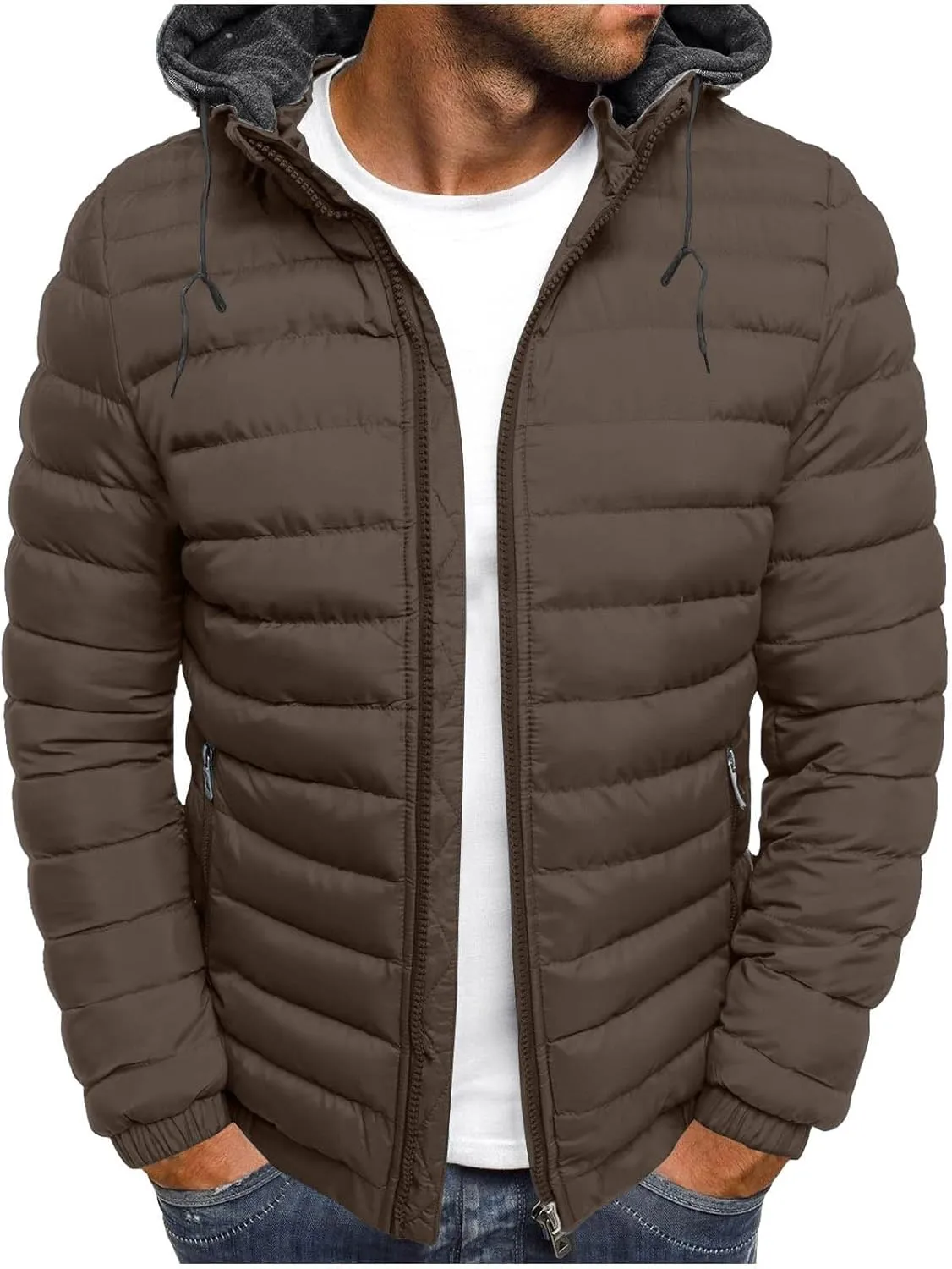 Winter Puffer Jacket for Men Windproof Lightweight Full Zip Hooded Puffy Jackets Quilted Thicken Insulated Down Coats