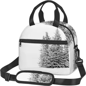 Winter Theme,Insulated Reusable Lunch Bag with Adjustable Shoulder Strap for Adults,Winter Season Snowy Spruce Trees,Leakproof Office Picnic Hiking Beach Tote Bag,Grey White,9x5x7.8in