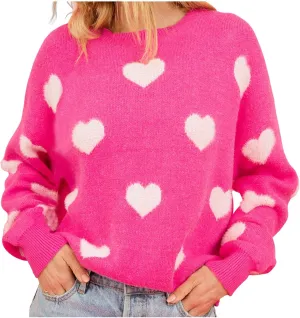 Women Crewneck Long Sleeve Sweaters Casual Loose Comfy Fuzzy Knit Chunky Warm Pullover Cute Heart Graphic Sweater Top
