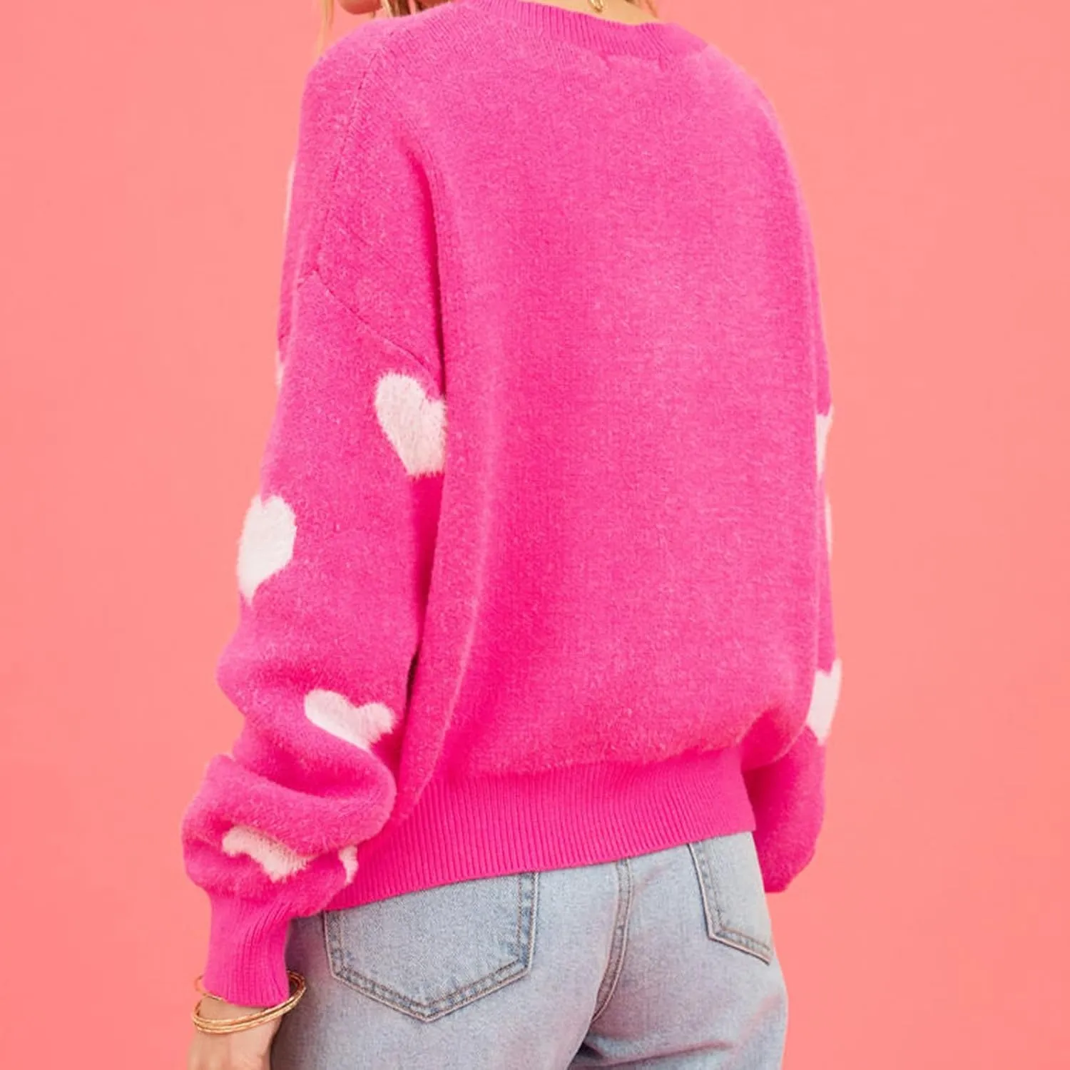 Women Crewneck Long Sleeve Sweaters Casual Loose Comfy Fuzzy Knit Chunky Warm Pullover Cute Heart Graphic Sweater Top
