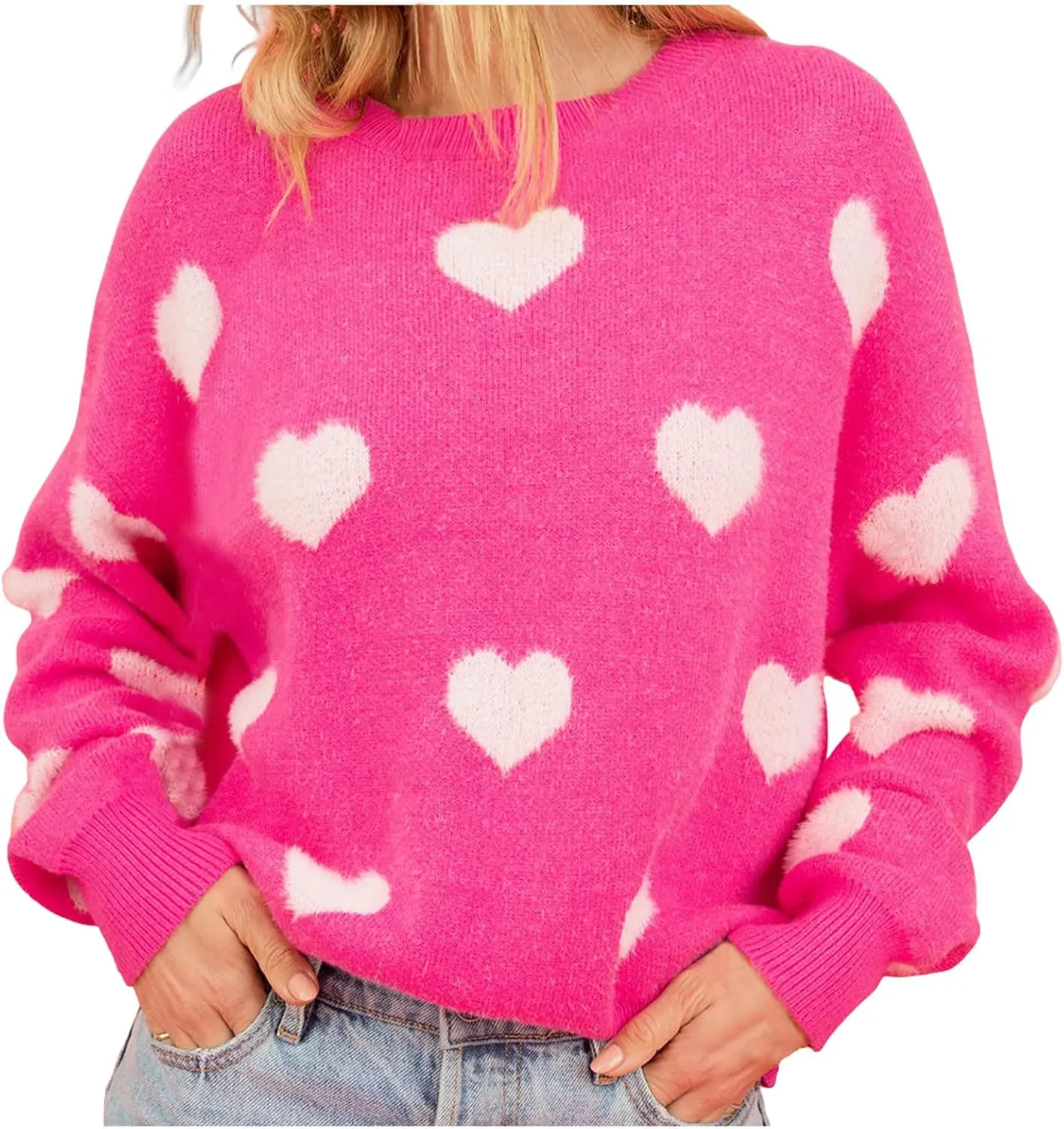 Women Crewneck Long Sleeve Sweaters Casual Loose Comfy Fuzzy Knit Chunky Warm Pullover Cute Heart Graphic Sweater Top