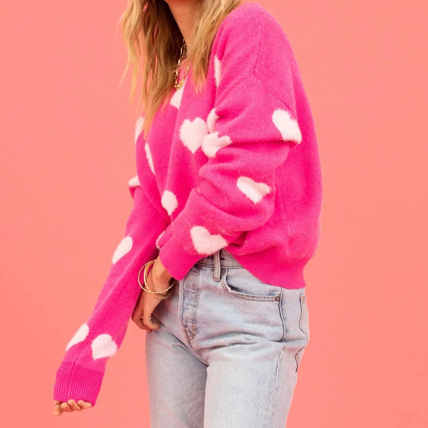 Women Crewneck Long Sleeve Sweaters Casual Loose Comfy Fuzzy Knit Chunky Warm Pullover Cute Heart Graphic Sweater Top