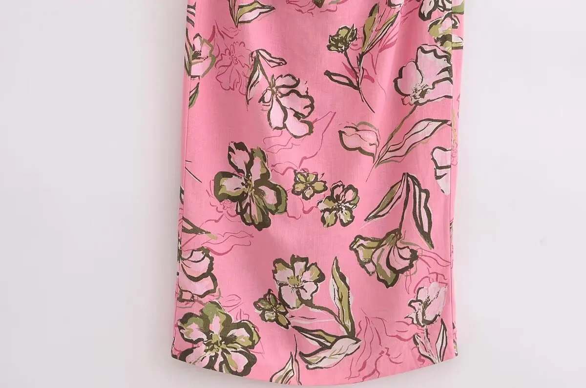 Women Cut Out Dress French Linen Blend Hollow Out Printed Summer Style