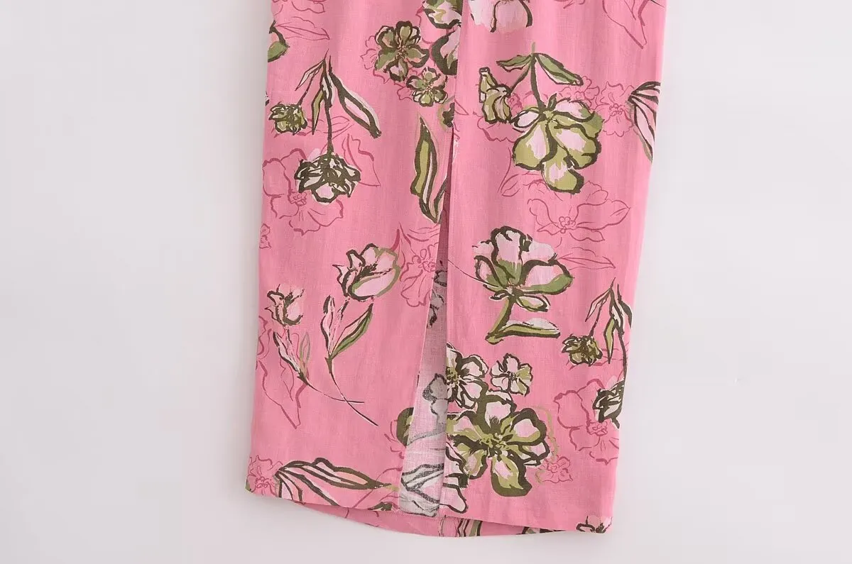 Women Cut Out Dress French Linen Blend Hollow Out Printed Summer Style
