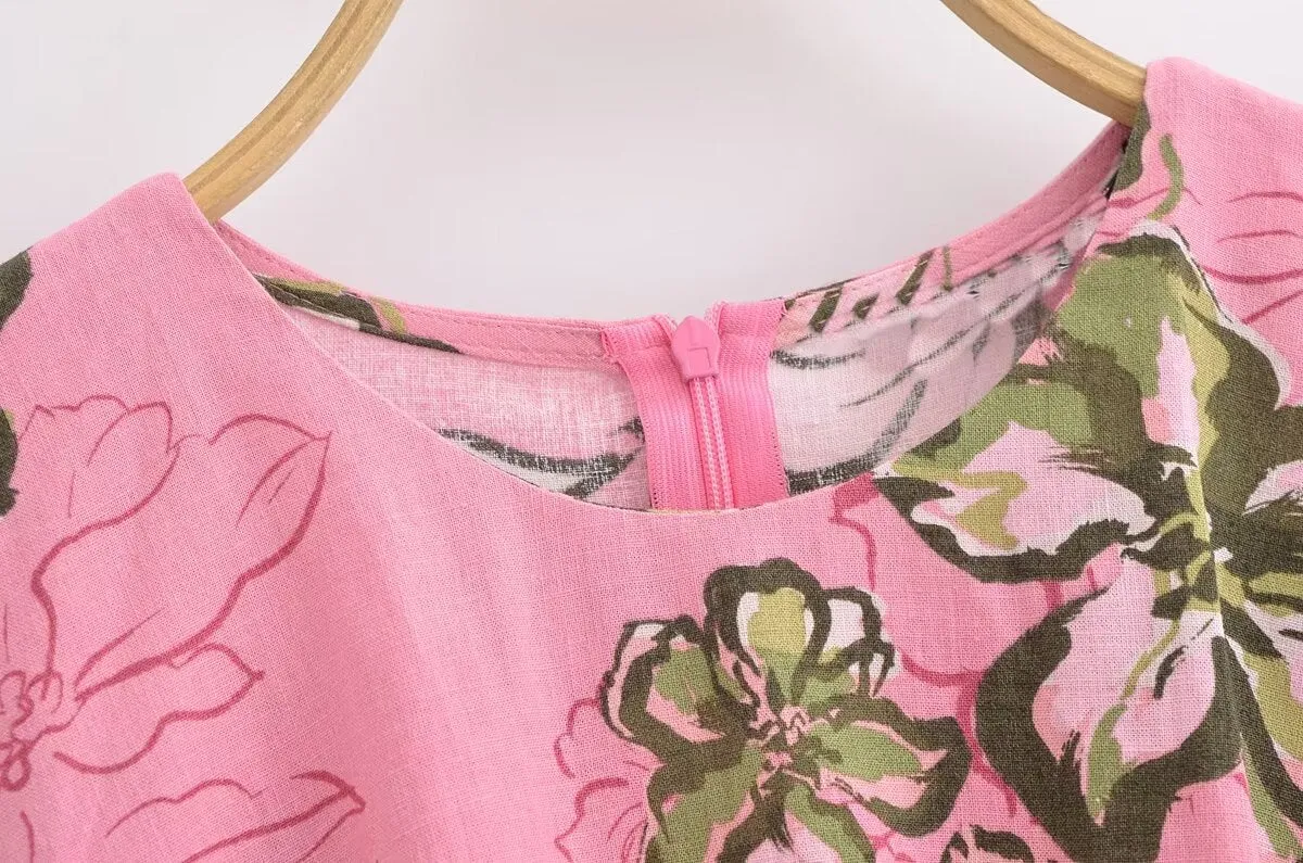 Women Cut Out Dress French Linen Blend Hollow Out Printed Summer Style