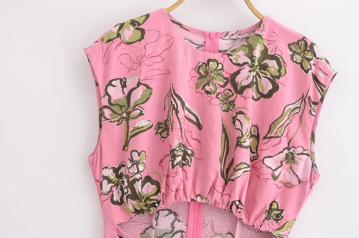 Women Cut Out Dress French Linen Blend Hollow Out Printed Summer Style