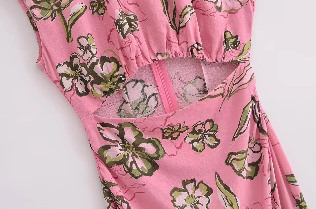 Women Cut Out Dress French Linen Blend Hollow Out Printed Summer Style