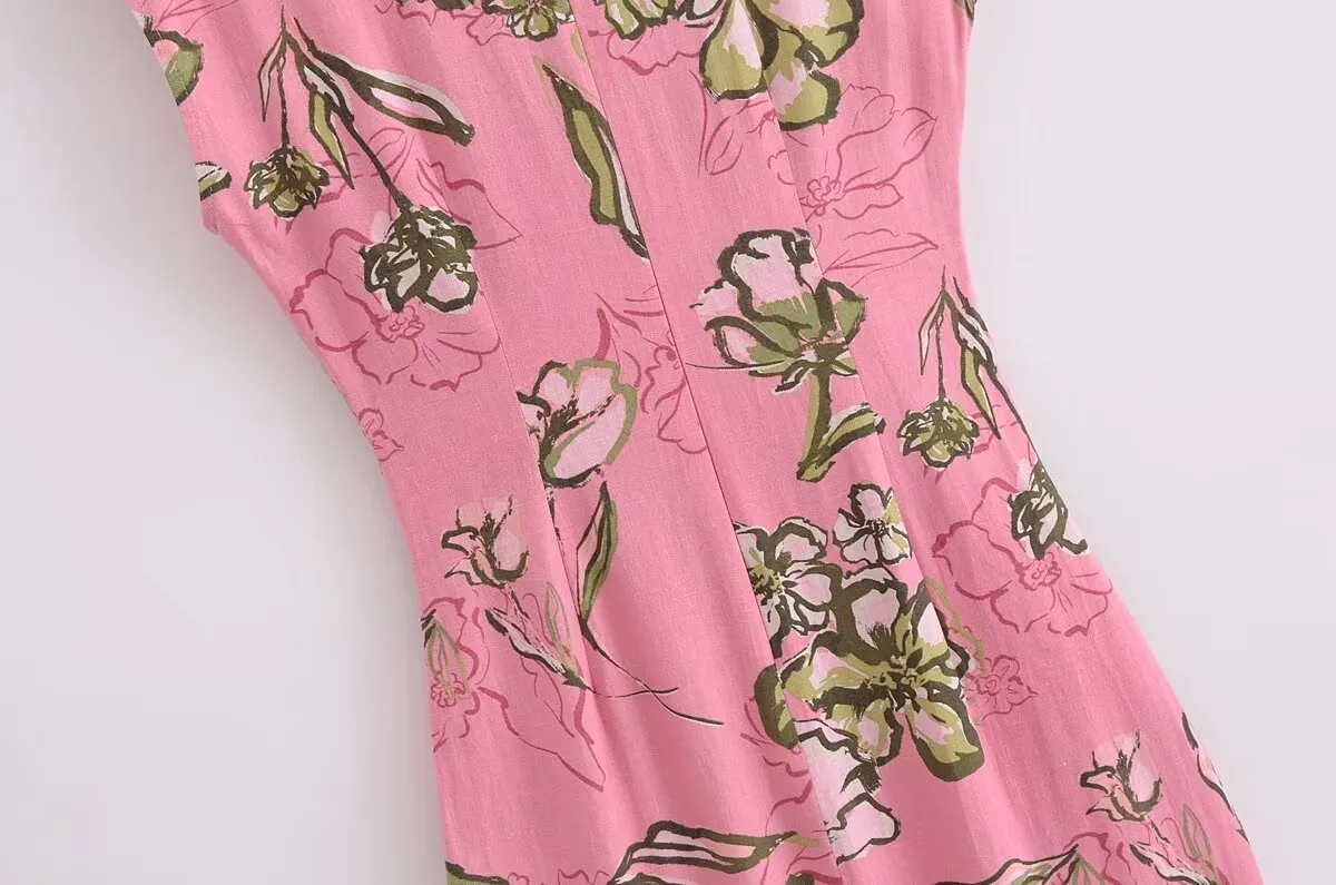 Women Cut Out Dress French Linen Blend Hollow Out Printed Summer Style