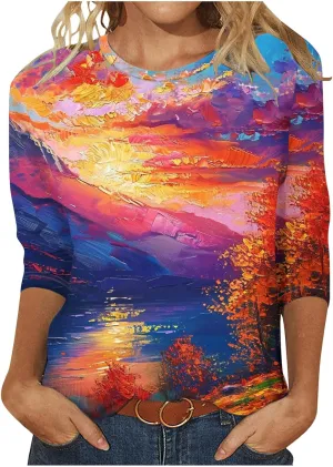 Women Fashion Printed T Shirt 3/4 Sleeves Round Neck Casual Tops Blouse Gradient Color Block Tunics T-Shirts
