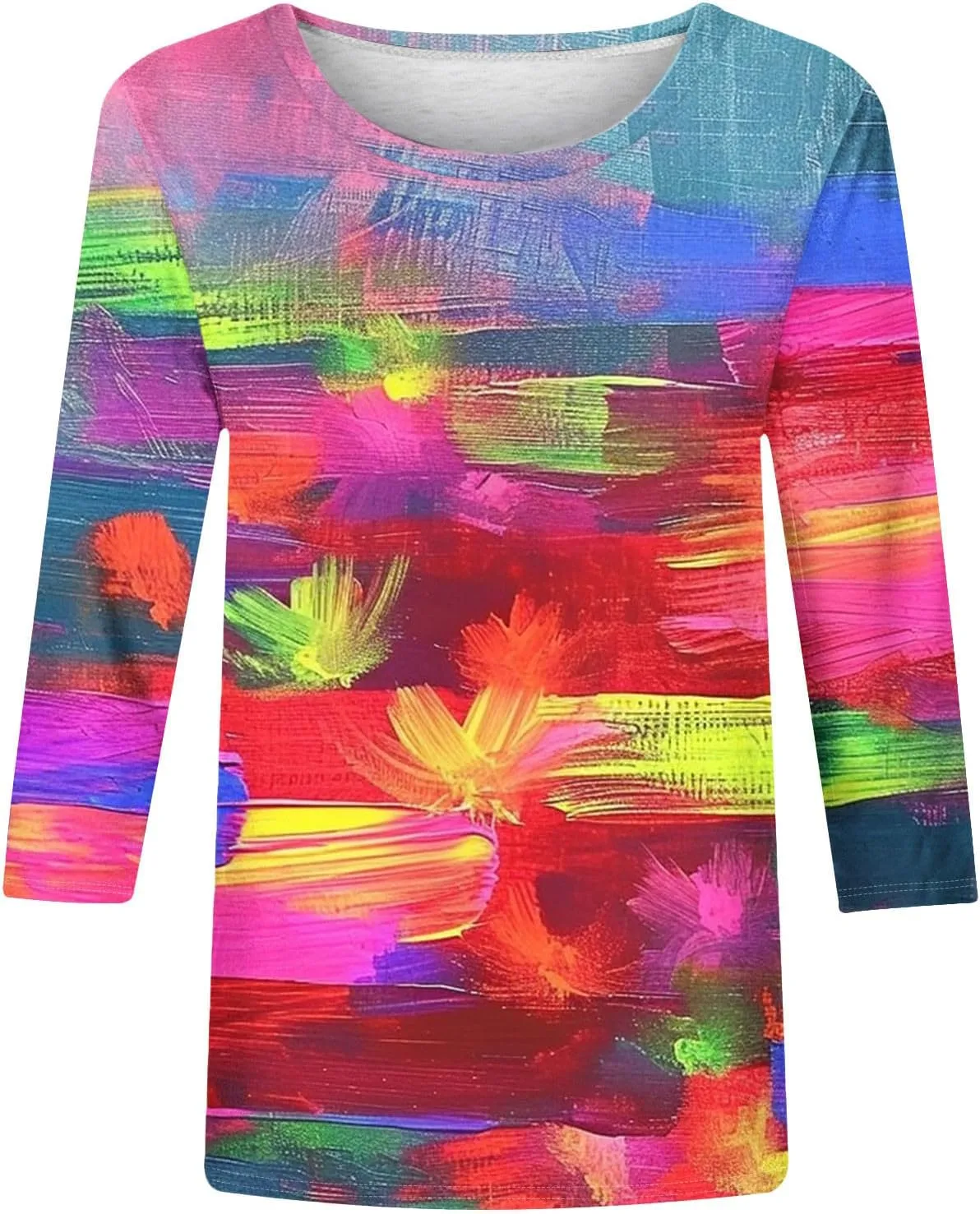 Women Fashion Printed T Shirt 3/4 Sleeves Round Neck Casual Tops Blouse Gradient Color Block Tunics T-Shirts