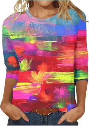 Women Fashion Printed T Shirt 3/4 Sleeves Round Neck Casual Tops Blouse Gradient Color Block Tunics T-Shirts