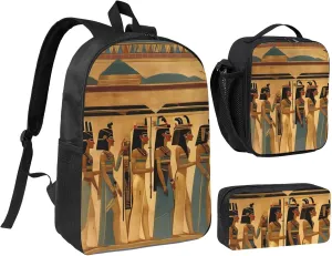 women in ancient egypt print 3 Piece Backpack Bags with Lunch Box Pencil Case Set for Travel Work Camping Unisex