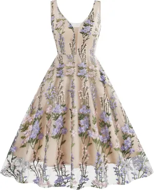 Women Keyhole Floral Embroidery Dress Sheer Mesh Illusion Vintage Cocktail Swing Dress Wedding Party Prom Tulle Evening Dress