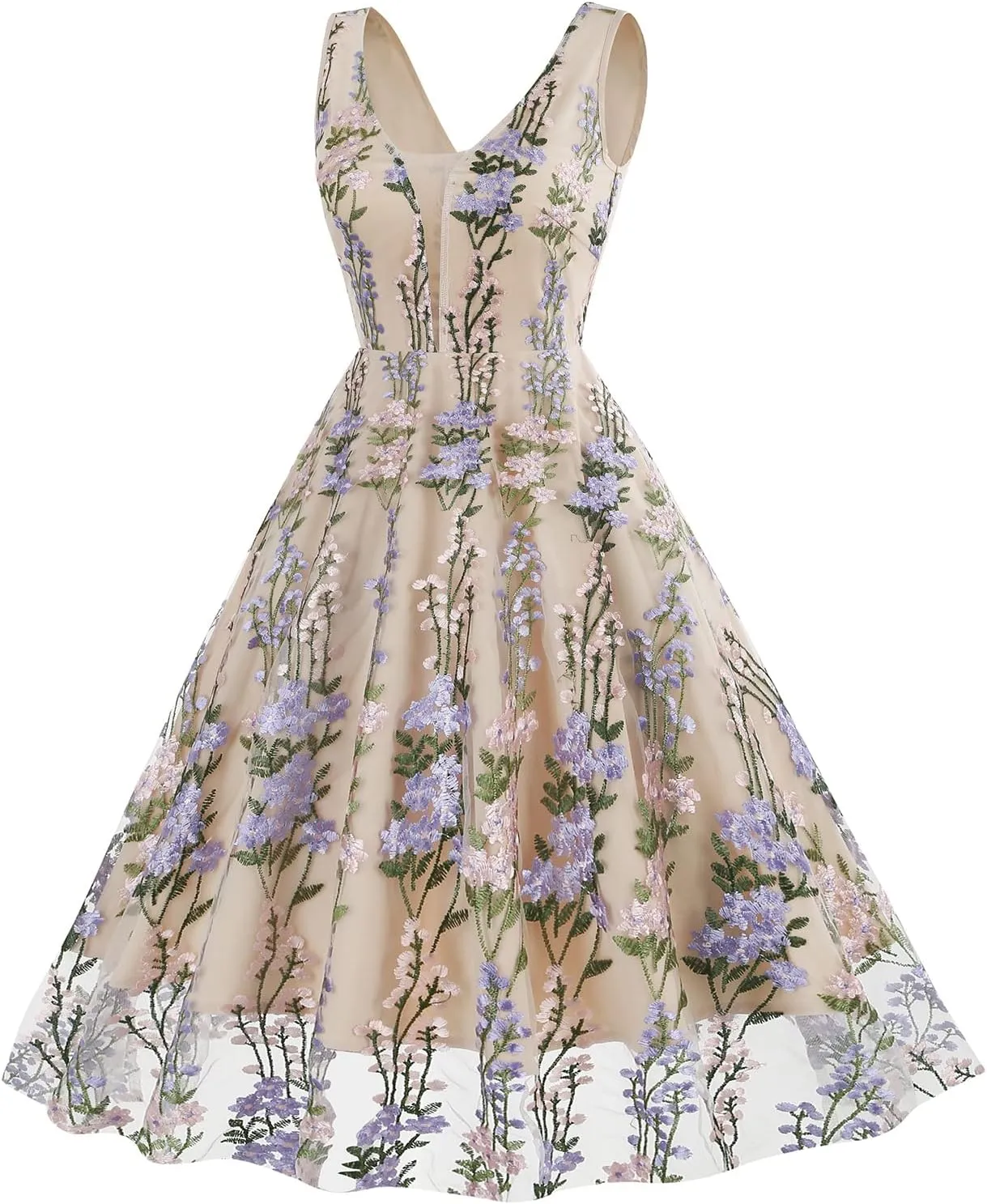 Women Keyhole Floral Embroidery Dress Sheer Mesh Illusion Vintage Cocktail Swing Dress Wedding Party Prom Tulle Evening Dress