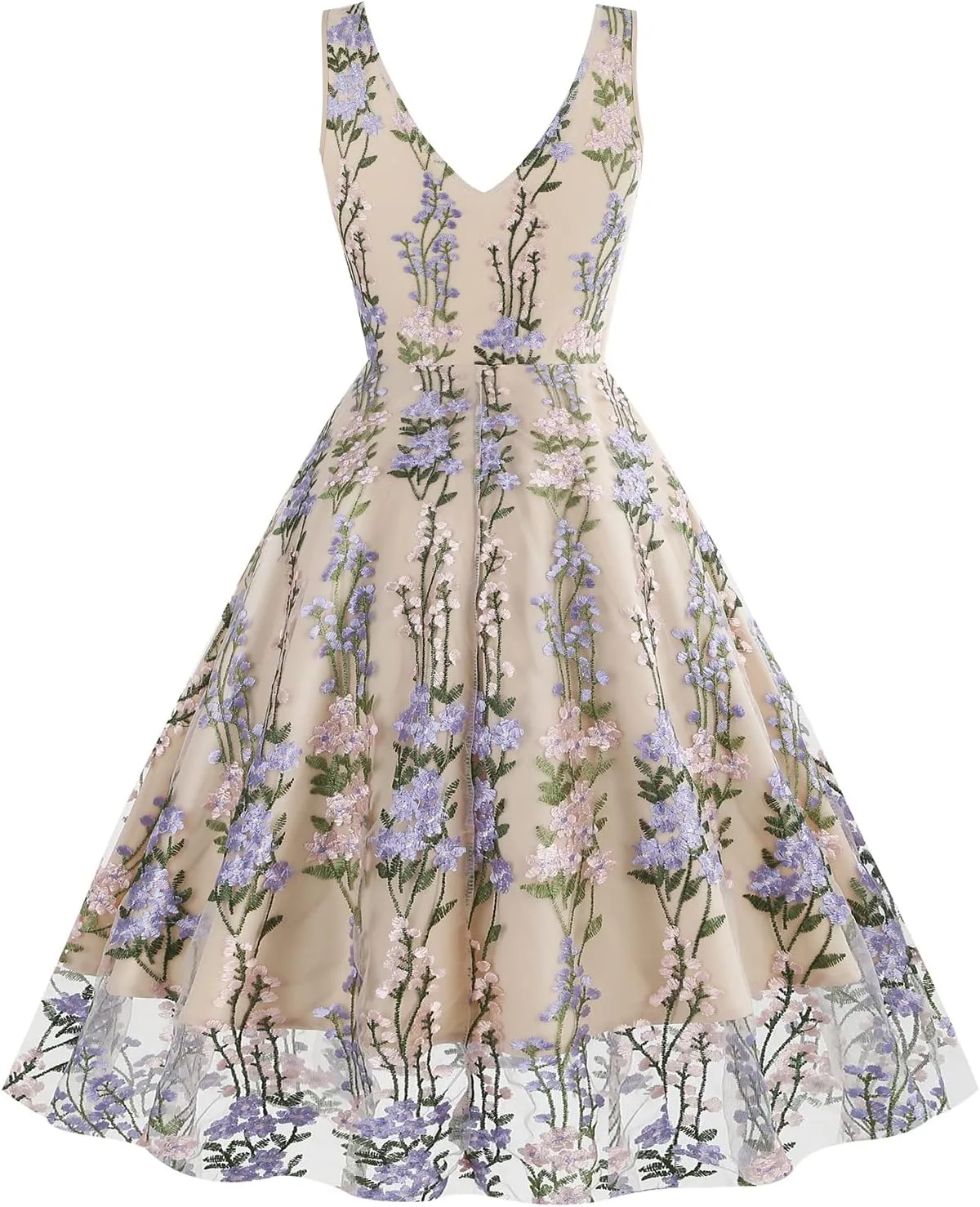 Women Keyhole Floral Embroidery Dress Sheer Mesh Illusion Vintage Cocktail Swing Dress Wedding Party Prom Tulle Evening Dress
