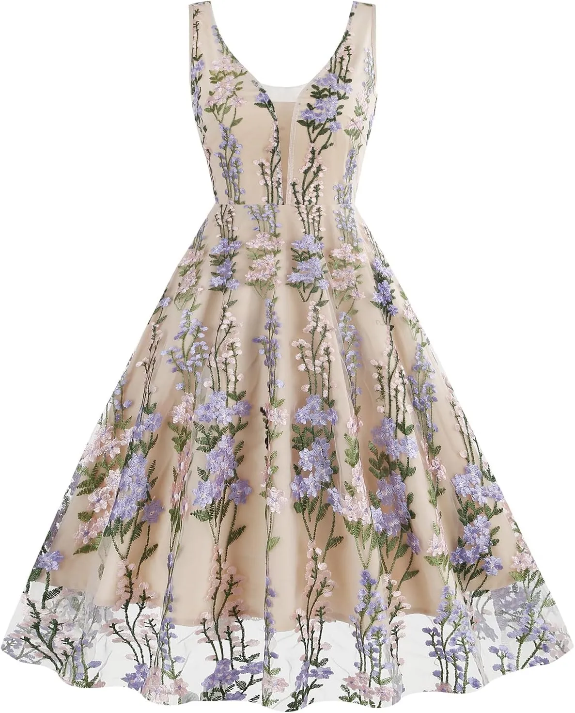 Women Keyhole Floral Embroidery Dress Sheer Mesh Illusion Vintage Cocktail Swing Dress Wedding Party Prom Tulle Evening Dress