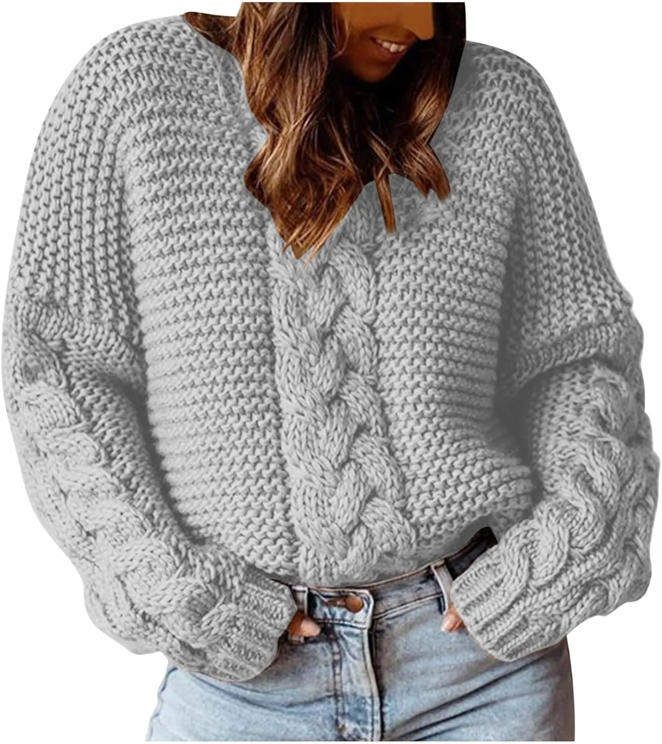 Women Solid Chunky Cable Knit Sweaters Pullover Fall Fashion 2023 Loose Winter Sweaters (Available in Plus Size)