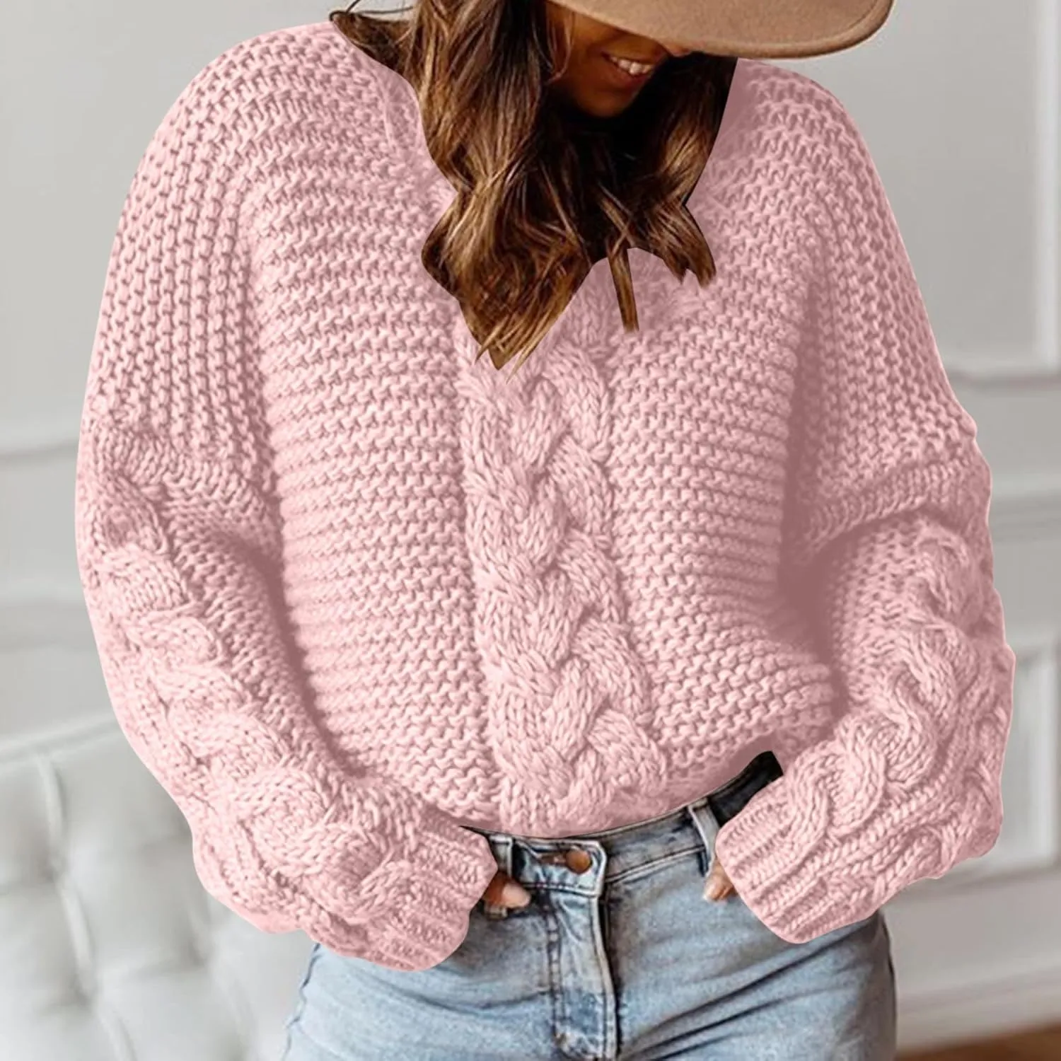 Women Solid Chunky Cable Knit Sweaters Pullover Fall Fashion 2023 Loose Winter Sweaters (Available in Plus Size)