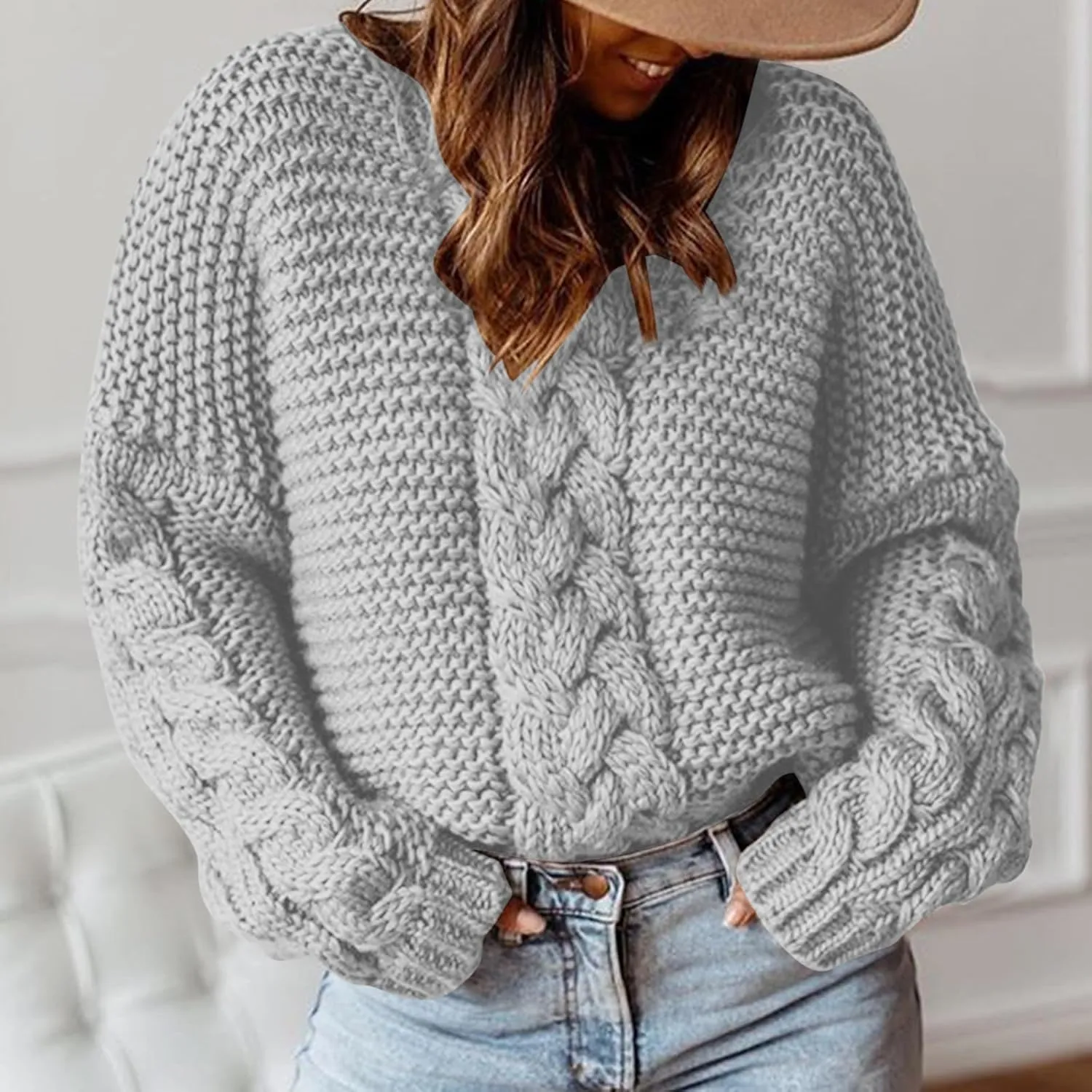 Women Solid Chunky Cable Knit Sweaters Pullover Fall Fashion 2023 Loose Winter Sweaters (Available in Plus Size)