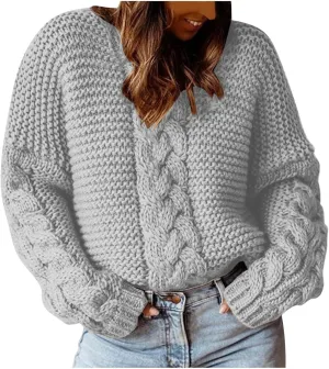 Women Solid Chunky Cable Knit Sweaters Pullover Fall Fashion 2023 Loose Winter Sweaters (Available in Plus Size)