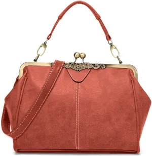 Women Vintage Small Retro Handbags Kiss Lock Crossbody Purse Frosted Leather Messenger Bag Tote
