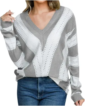 Women's 2023 Trendy Sweaters Color Blocking V-Neck Long Sleeve Loose Knit Pullover Sweater Tops Knitwear Pullovers