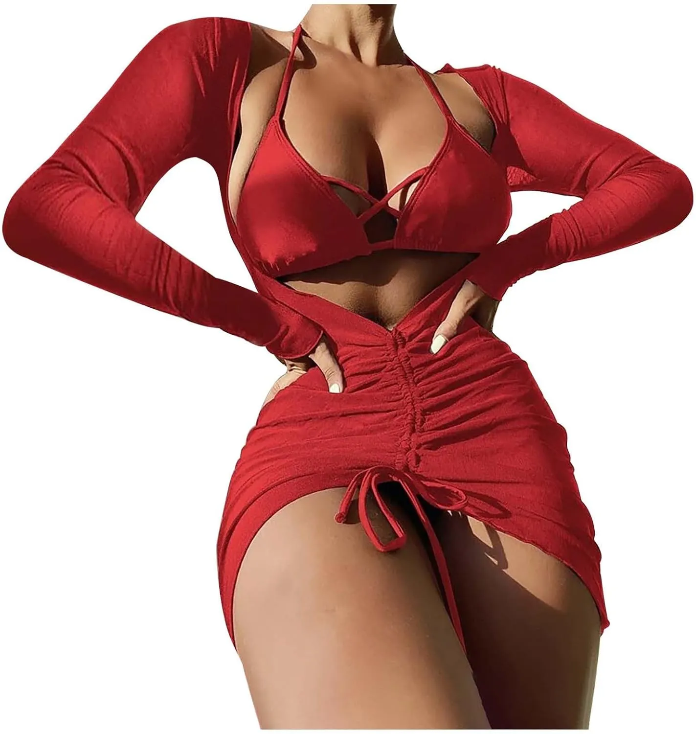 Women's 3 Piece Bathing Suits Halter Ring Bikini Set with Cover Up Skirts Swimsuits