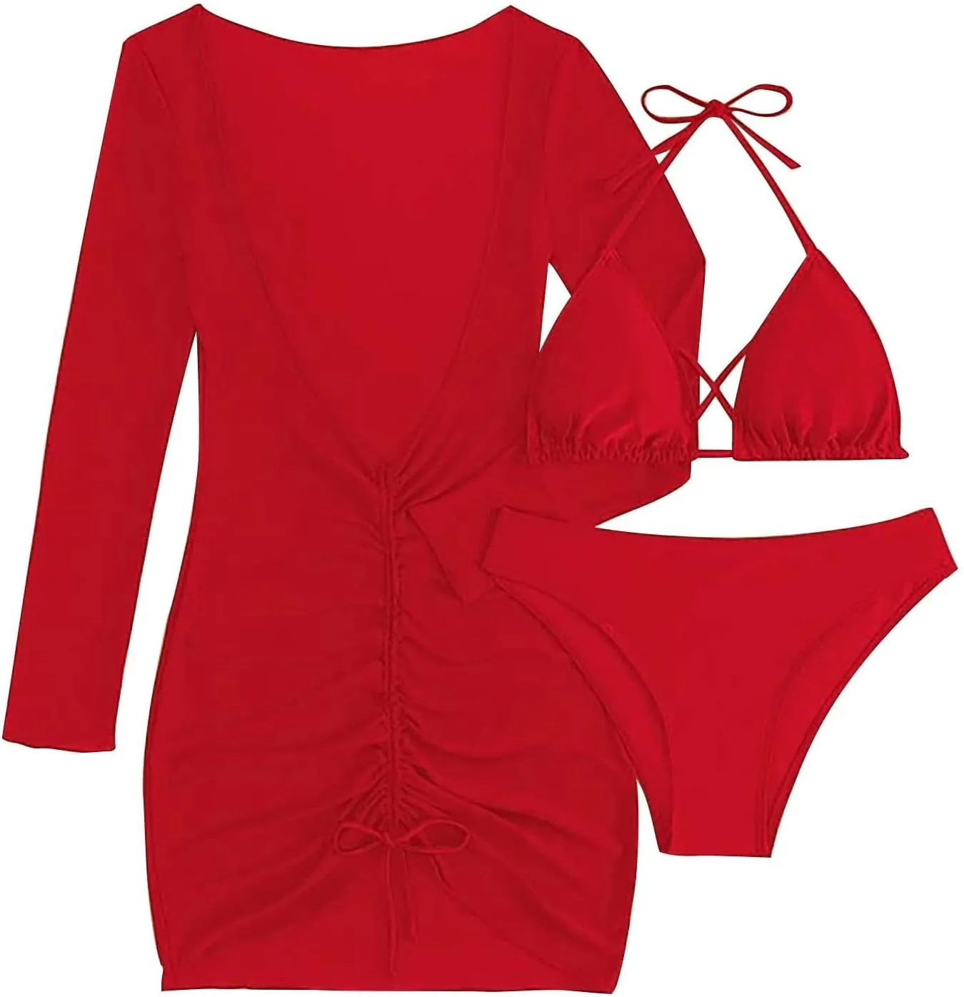 Women's 3 Piece Bathing Suits Halter Ring Bikini Set with Cover Up Skirts Swimsuits