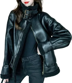 Women’s Black Aviator Genuine Sheepskin Sherpa Shearling Faux Fur Lined Winter Warm Streetwear Flight Pilot Leather Jacket