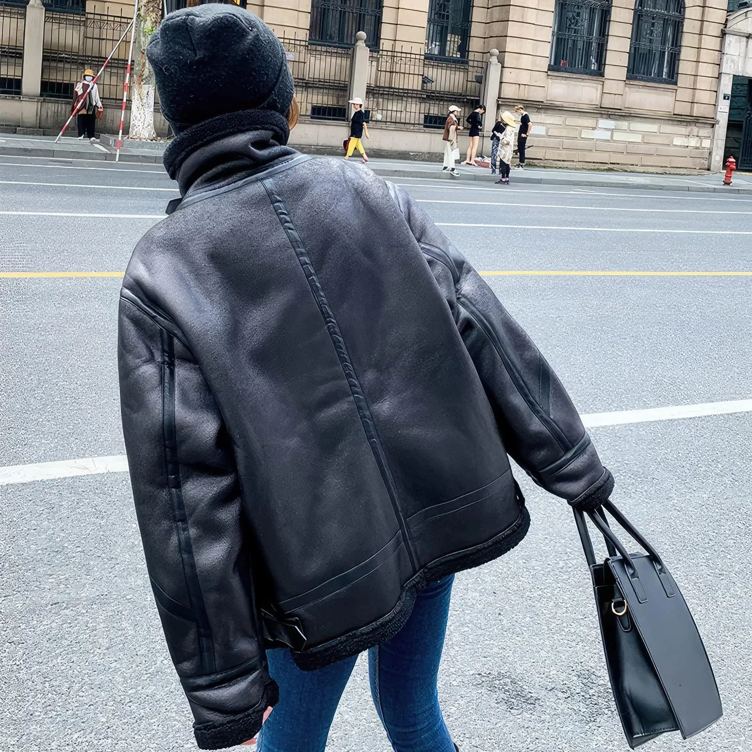 Women’s Black Aviator Genuine Sheepskin Sherpa Shearling Faux Fur Lined Winter Warm Streetwear Flight Pilot Leather Jacket