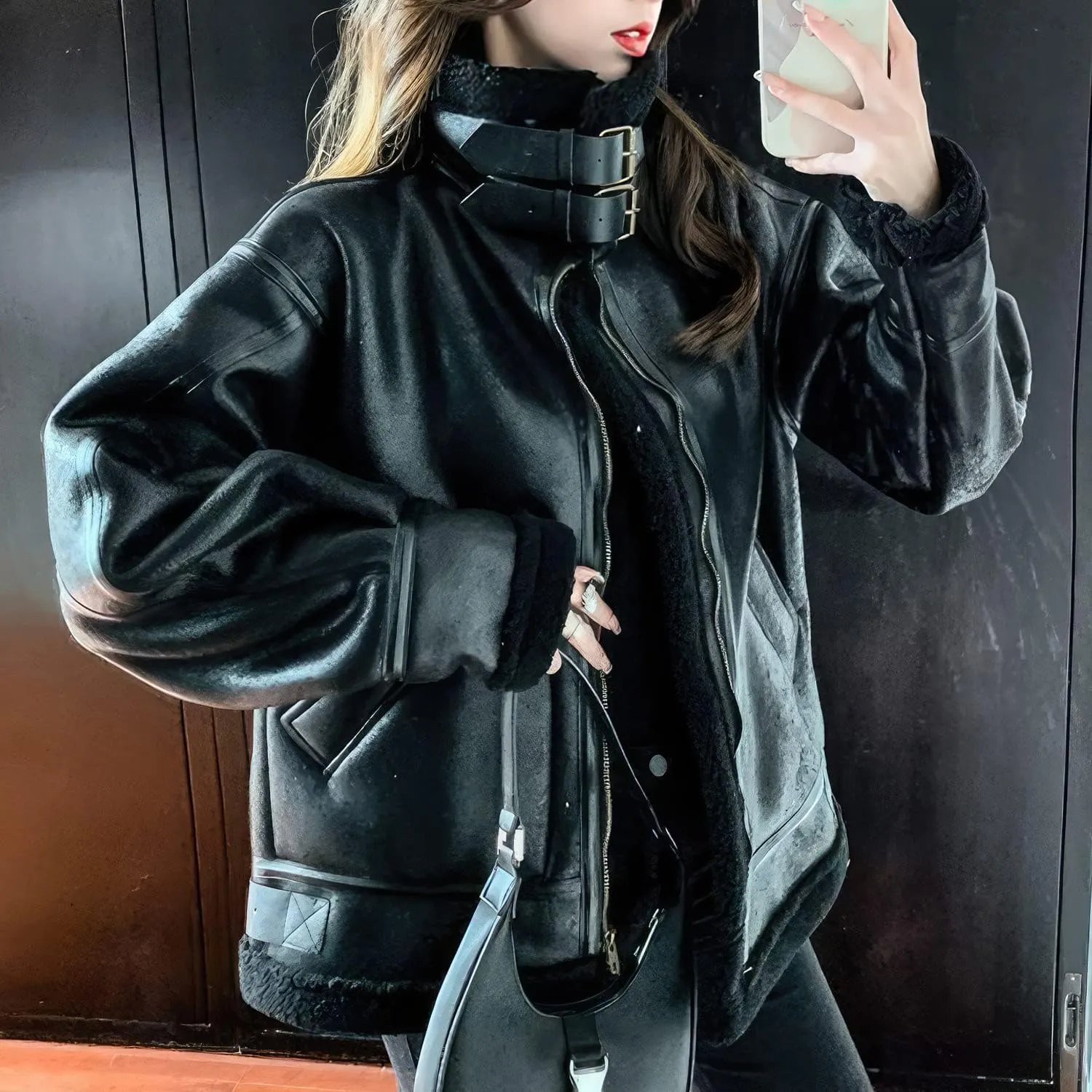 Women’s Black Aviator Genuine Sheepskin Sherpa Shearling Faux Fur Lined Winter Warm Streetwear Flight Pilot Leather Jacket