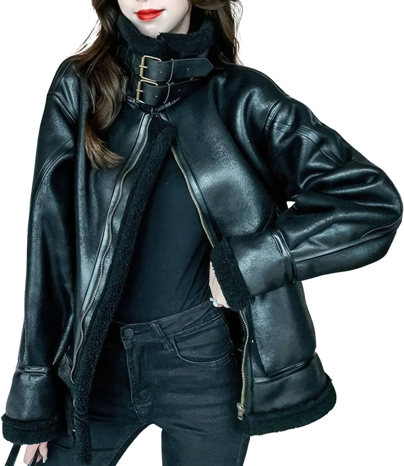Women’s Black Aviator Genuine Sheepskin Sherpa Shearling Faux Fur Lined Winter Warm Streetwear Flight Pilot Leather Jacket