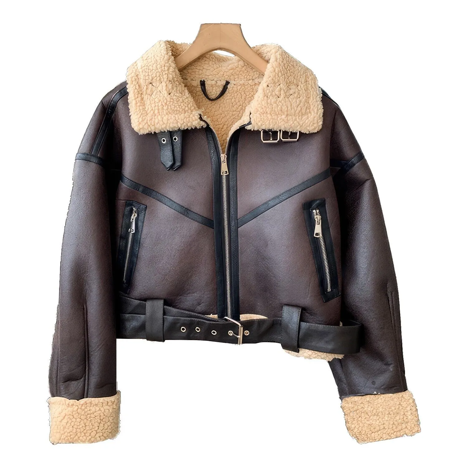 Womens Brown Cropped Aviator Jacket