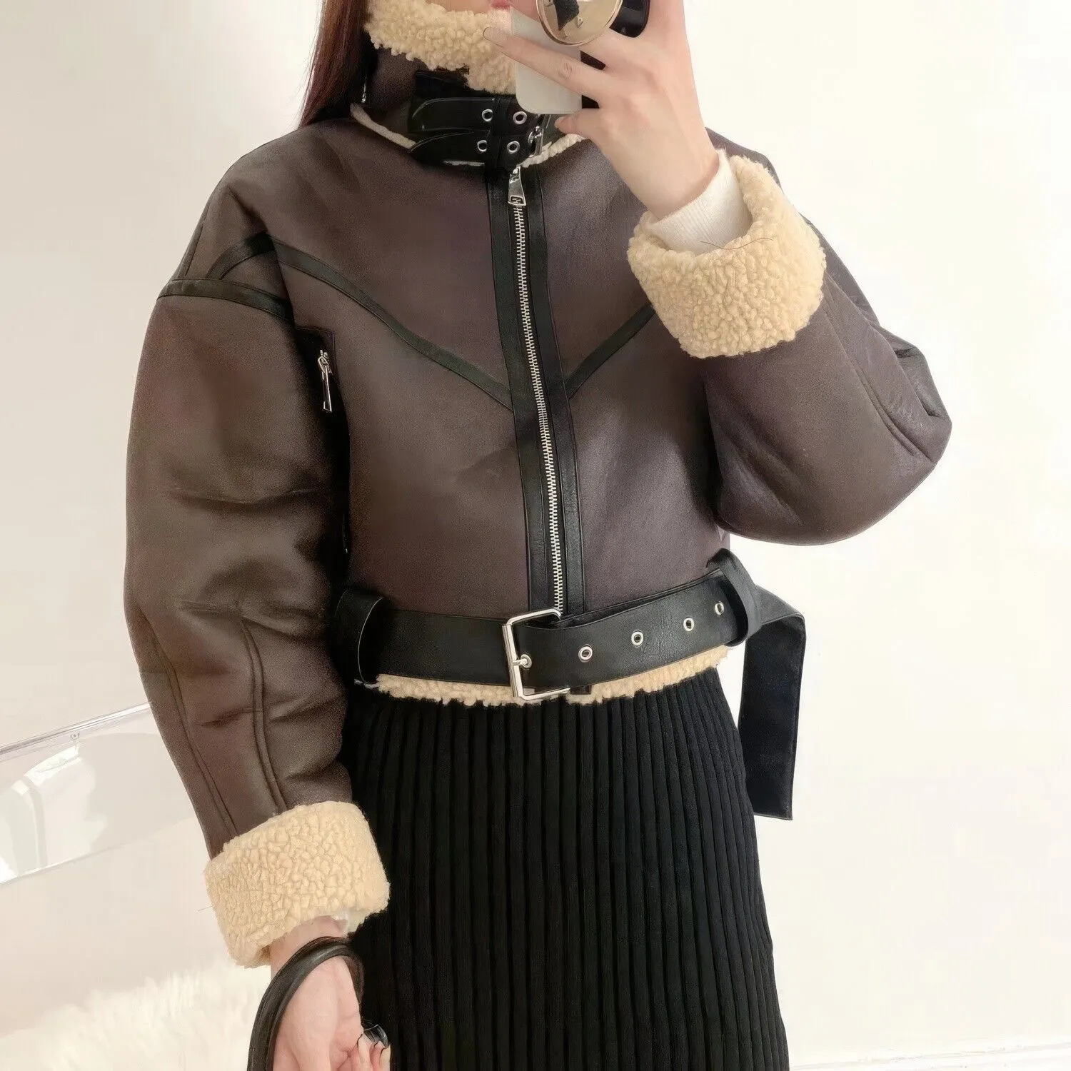 Womens Brown Cropped Aviator Jacket