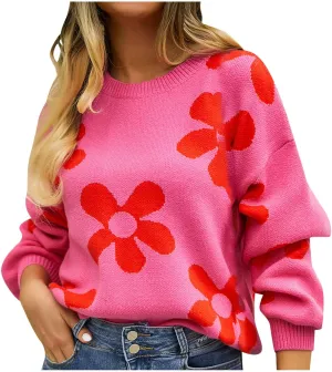 Women's Casual Flower Knitted Sweaters Crewneck Long Sleeve Chunky Cable Knit Pullover 2023 Fashion Clothes