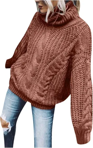 Women's Chunky Cable Knit Pullover 2023 Fashion Sweaters Long Sleeve Turtleneck Fall Winter Trendy Solid Cozy Tops