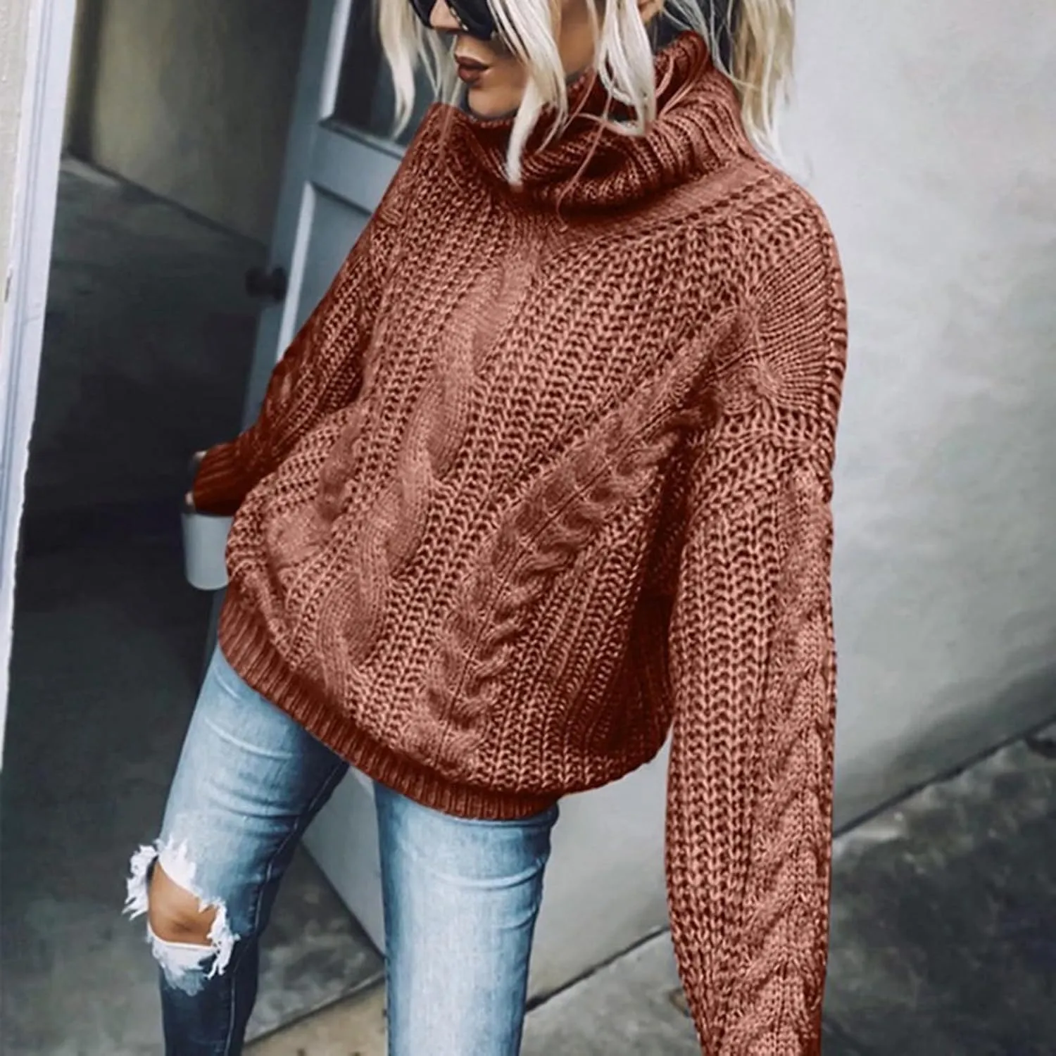 Women's Chunky Cable Knit Pullover 2023 Fashion Sweaters Long Sleeve Turtleneck Fall Winter Trendy Solid Cozy Tops