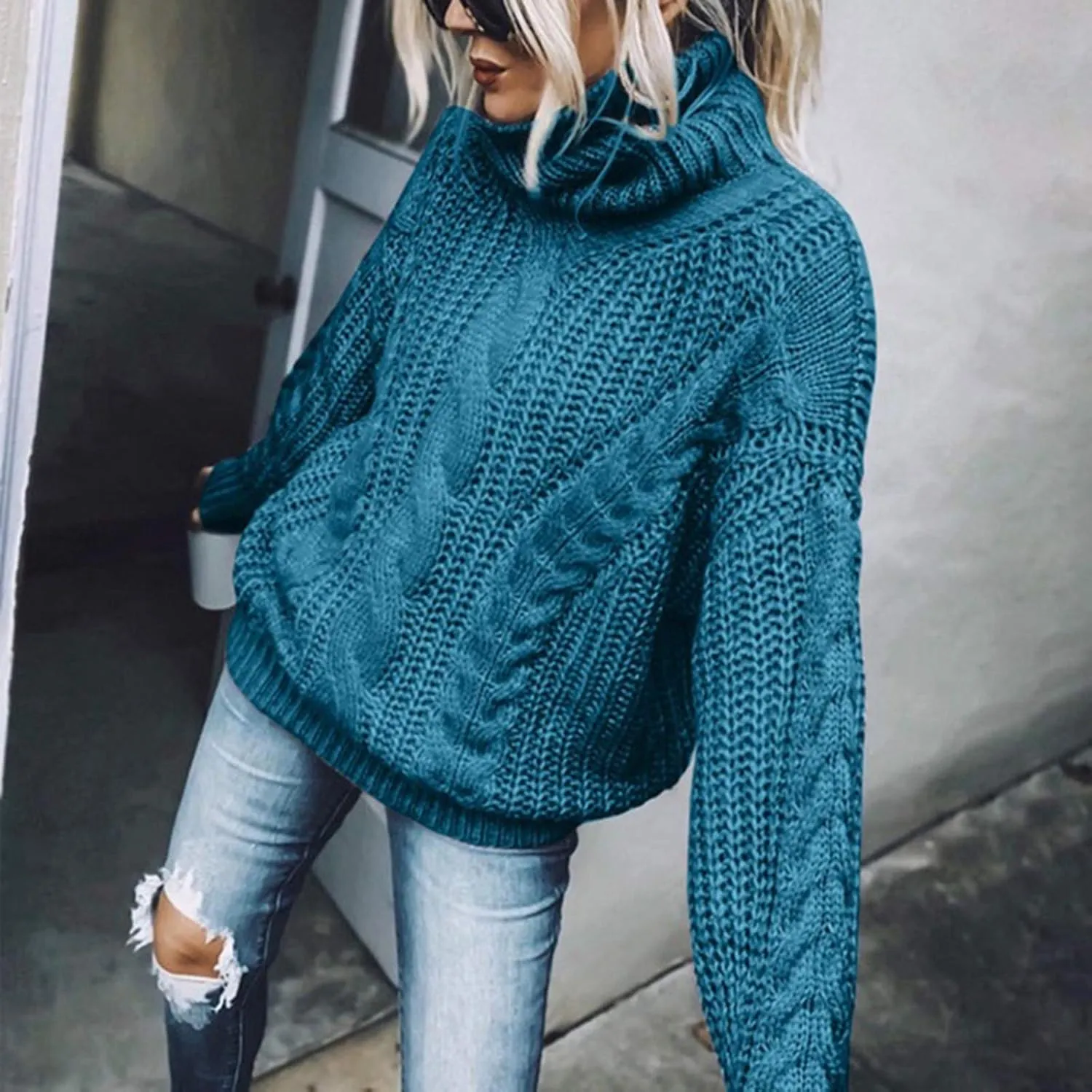 Women's Chunky Cable Knit Pullover 2023 Fashion Sweaters Long Sleeve Turtleneck Fall Winter Trendy Solid Cozy Tops