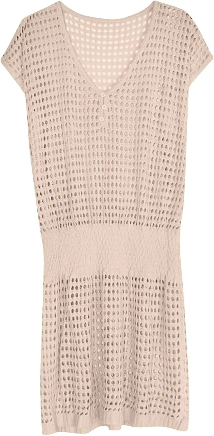 Women's Crochet Beach Cover Up Dress 2025 Short Sleeve V Neck Mini Sundress with Pattern Loose Lightweight Beachwear