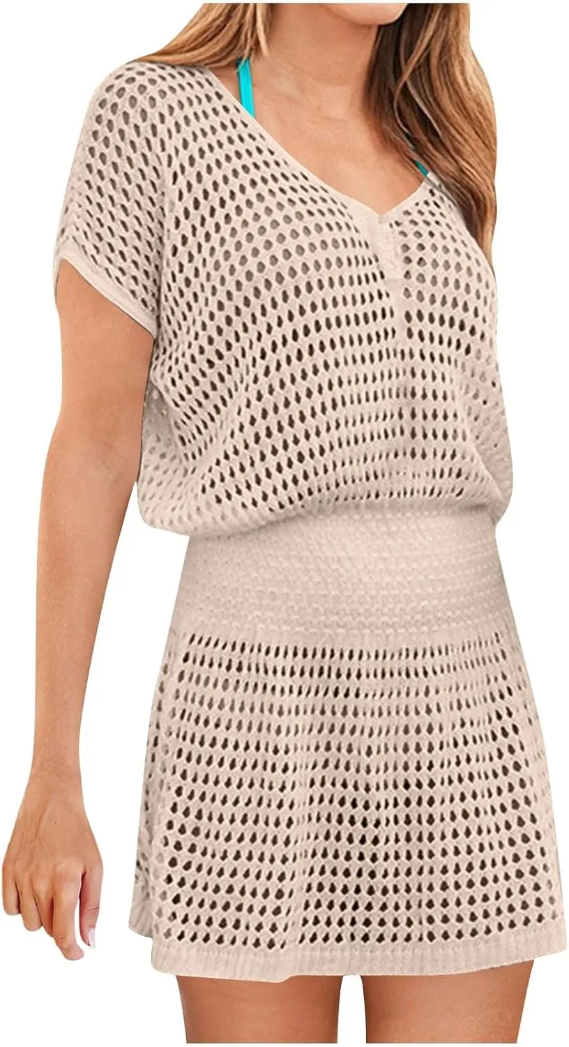 Women's Crochet Beach Cover Up Dress 2025 Short Sleeve V Neck Mini Sundress with Pattern Loose Lightweight Beachwear
