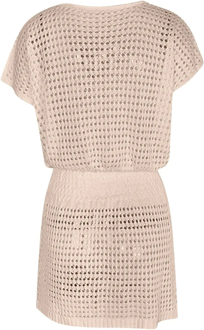 Women's Crochet Beach Cover Up Dress 2025 Short Sleeve V Neck Mini Sundress with Pattern Loose Lightweight Beachwear