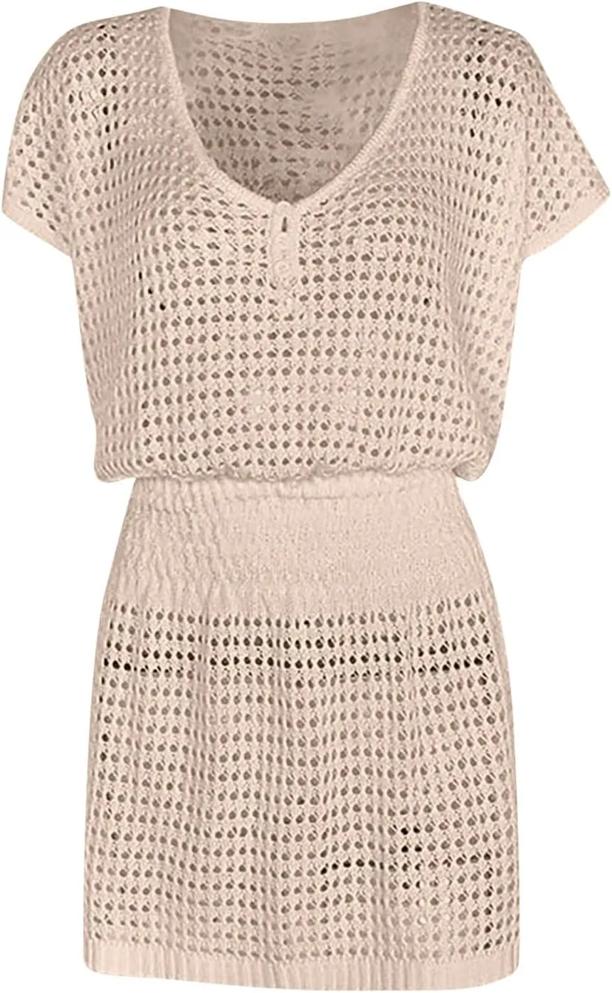Women's Crochet Beach Cover Up Dress 2025 Short Sleeve V Neck Mini Sundress with Pattern Loose Lightweight Beachwear