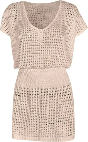 Women's Crochet Beach Cover Up Dress 2025 Short Sleeve V Neck Mini Sundress with Pattern Loose Lightweight Beachwear
