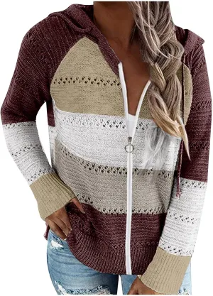 Womens Fall Casual Color Blocking Zipper Front Long Sleeve Pullover Knitted Hooded Sweater Top Blouse Sweater Coat