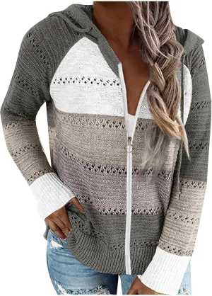 Womens Fall Casual Color Blocking Zipper Front Long Sleeve Pullover Knitted Hooded Sweater Top Blouse Sweater Coat