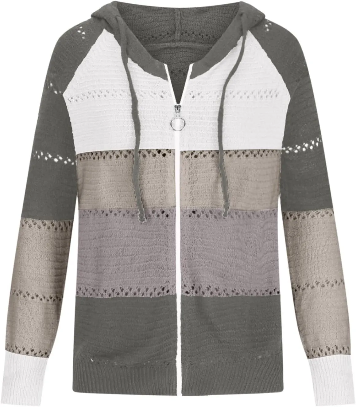 Womens Fall Casual Color Blocking Zipper Front Long Sleeve Pullover Knitted Hooded Sweater Top Blouse Sweater Coat